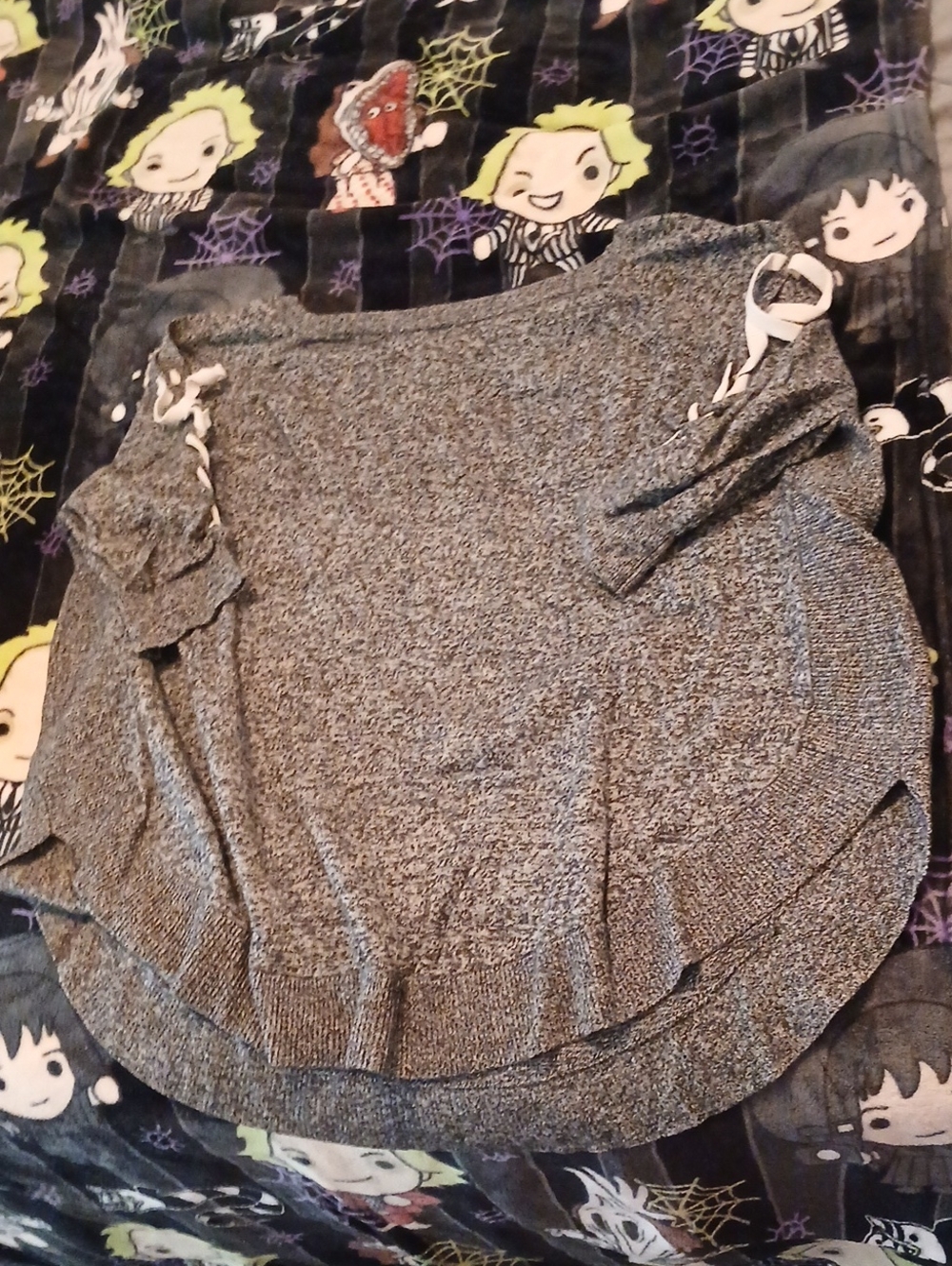 Express Off-the-Shoulder Gray Lace-Up Knit Sweater